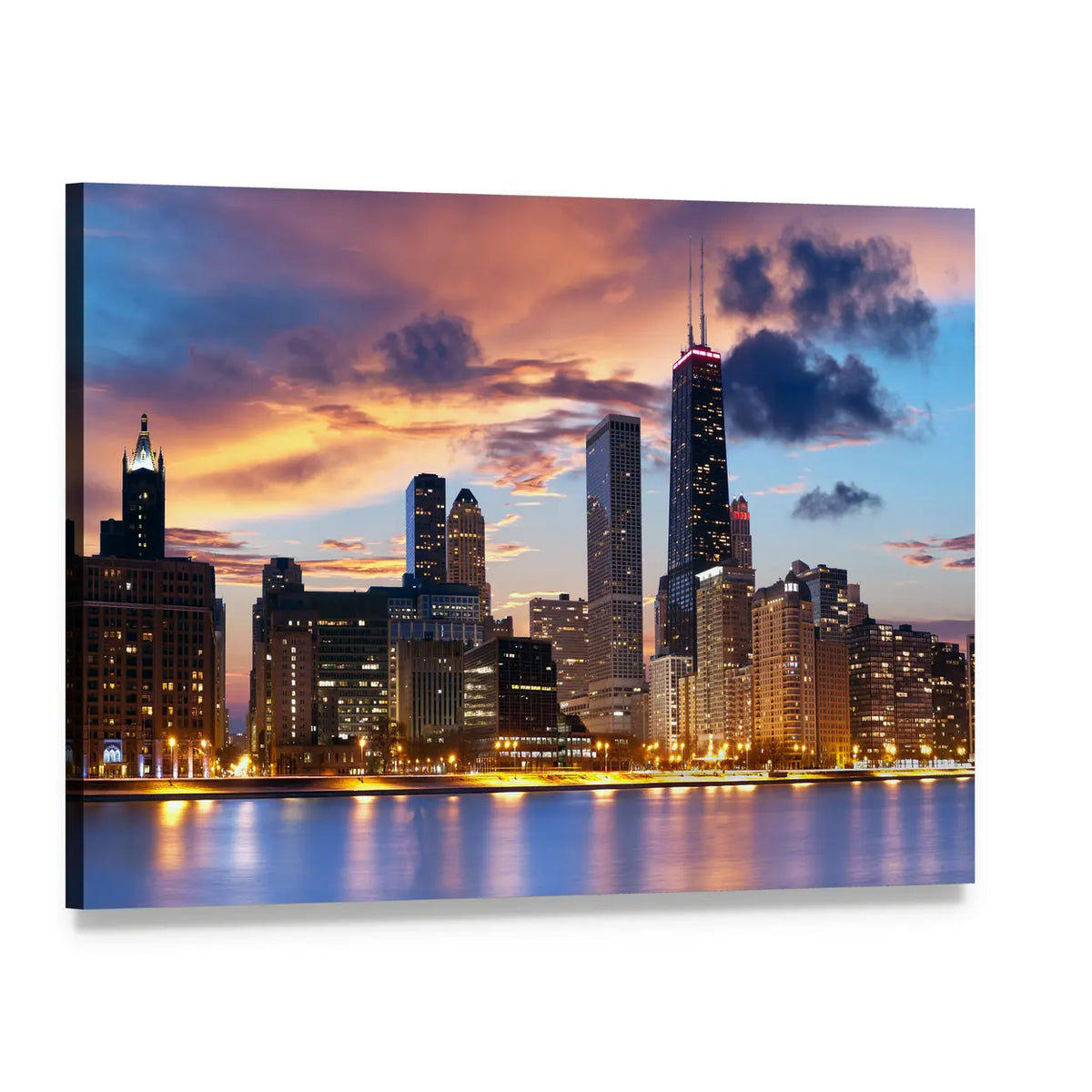 Chicago Skyline at Dusk Canvas Wall Art, single panel gallery wrapped canvas, angled product view