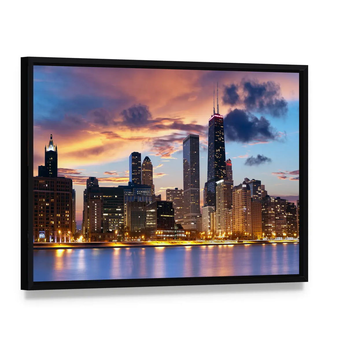 Chicago Skyline at Dusk Canvas Wall Art, framed canvas in a black floater frame, angled product view