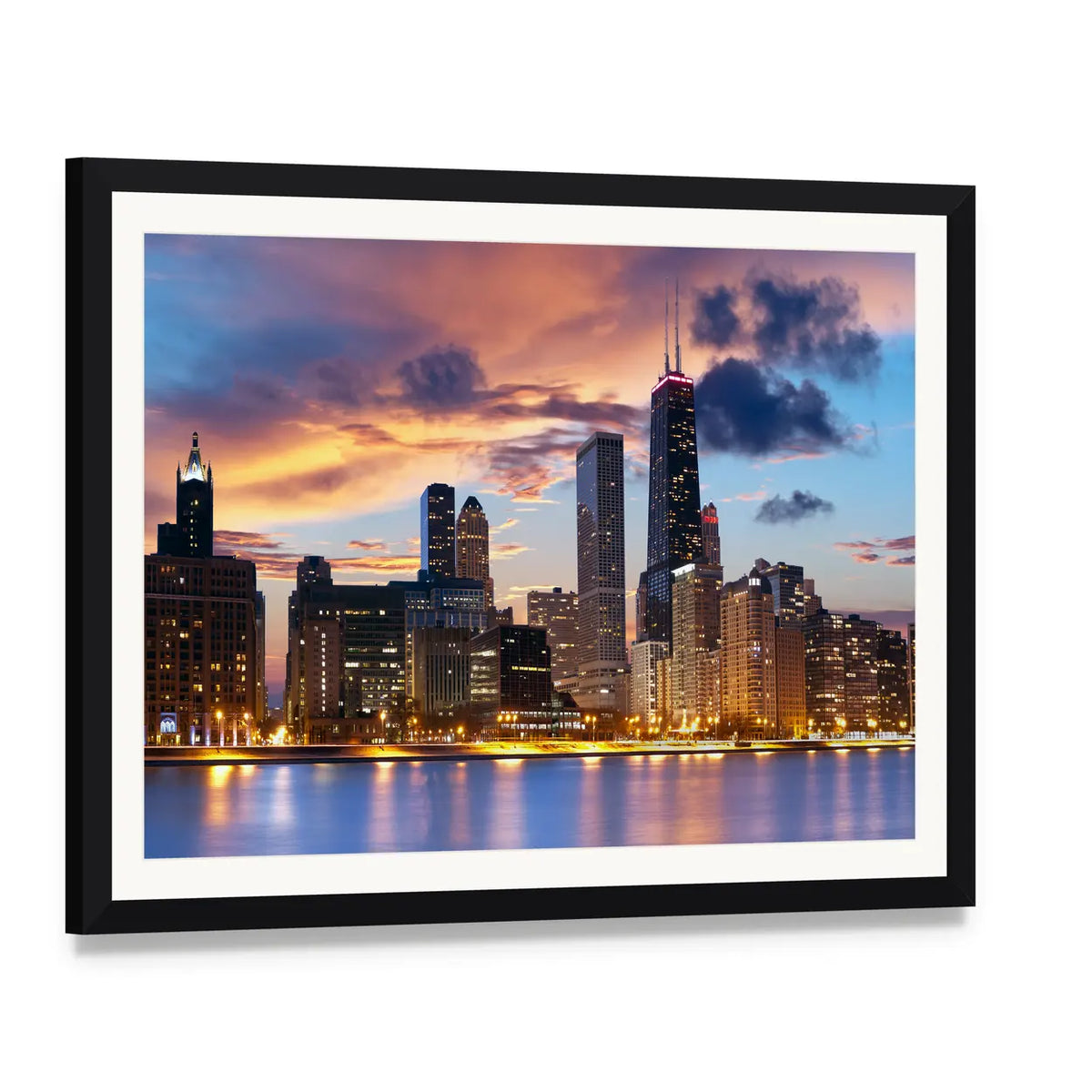 Chicago Skyline at Dusk Canvas Wall Art, framed print with white mat and black frame, angled product view