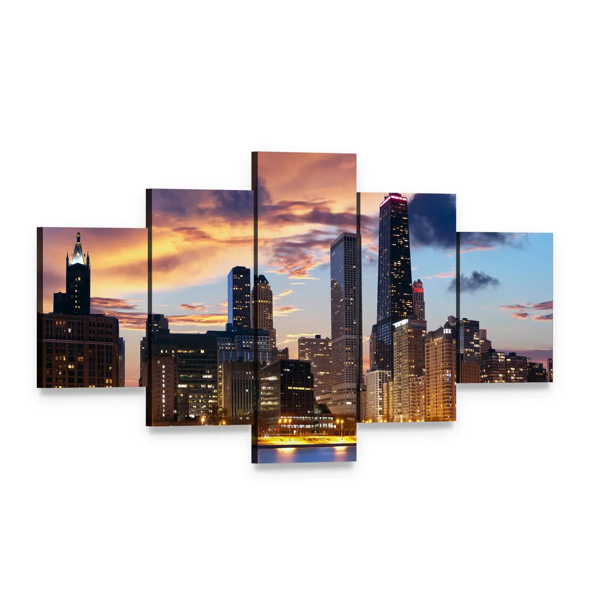 Chicago Skyline at Dusk Canvas Wall Art, 5 panel 5 Star layout gallery wrapped canvas set, angled product view