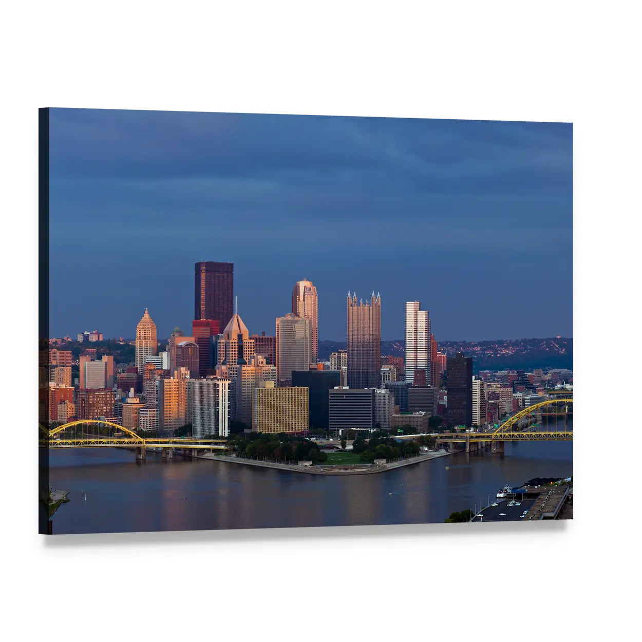 Pittsburgh Skyline at Sunset Canvas Wall Art, single panel gallery wrapped canvas, angled product view