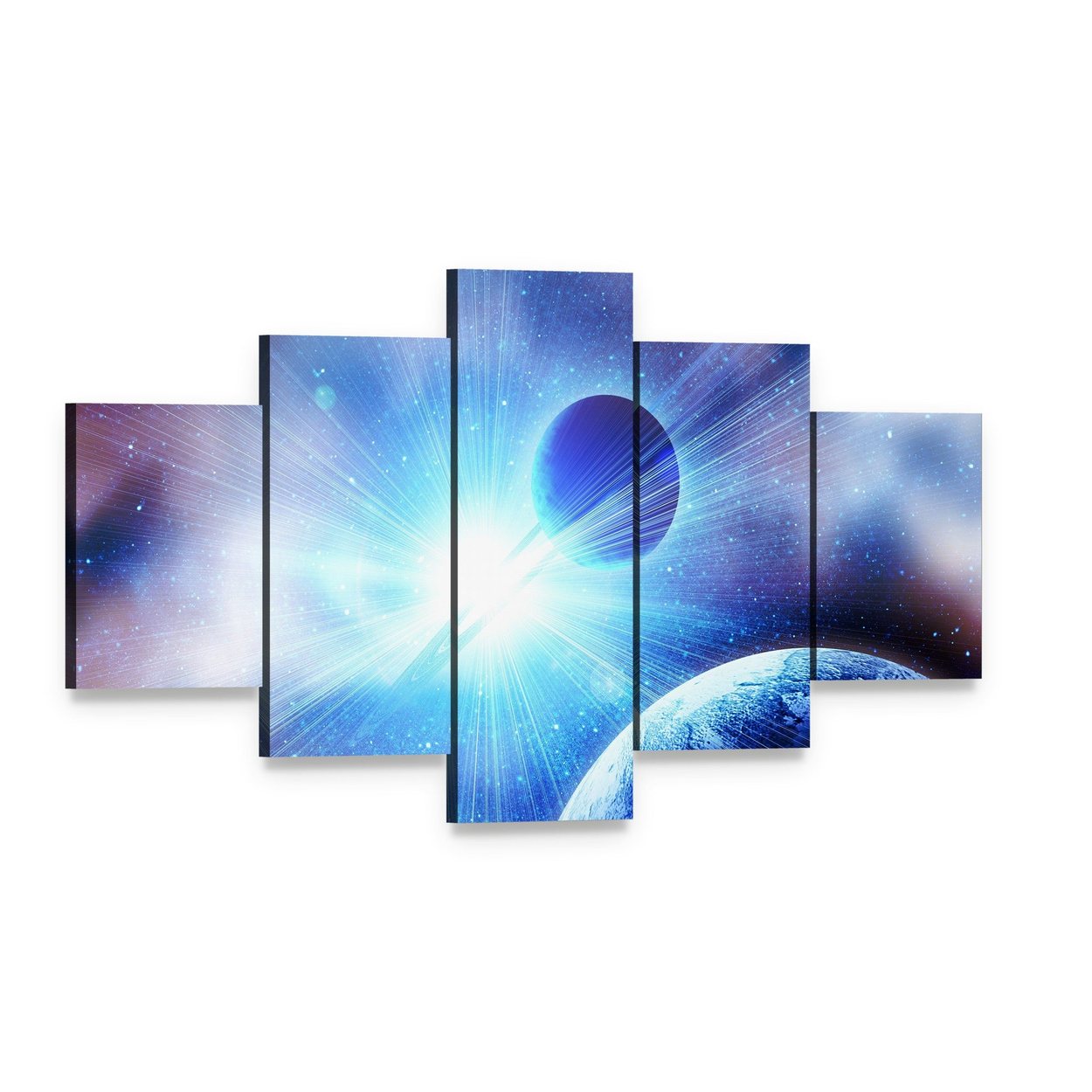 Two Planets with Bright Stars Canvas Wall Art, 5 panel 5 Star layout gallery wrapped canvas set, angled product view