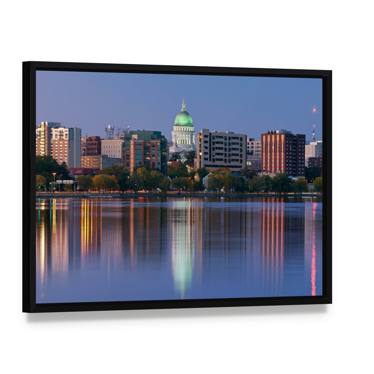 Madison Skyline at Dusk Canvas Wall Art, framed canvas in a black floater frame, angled product view