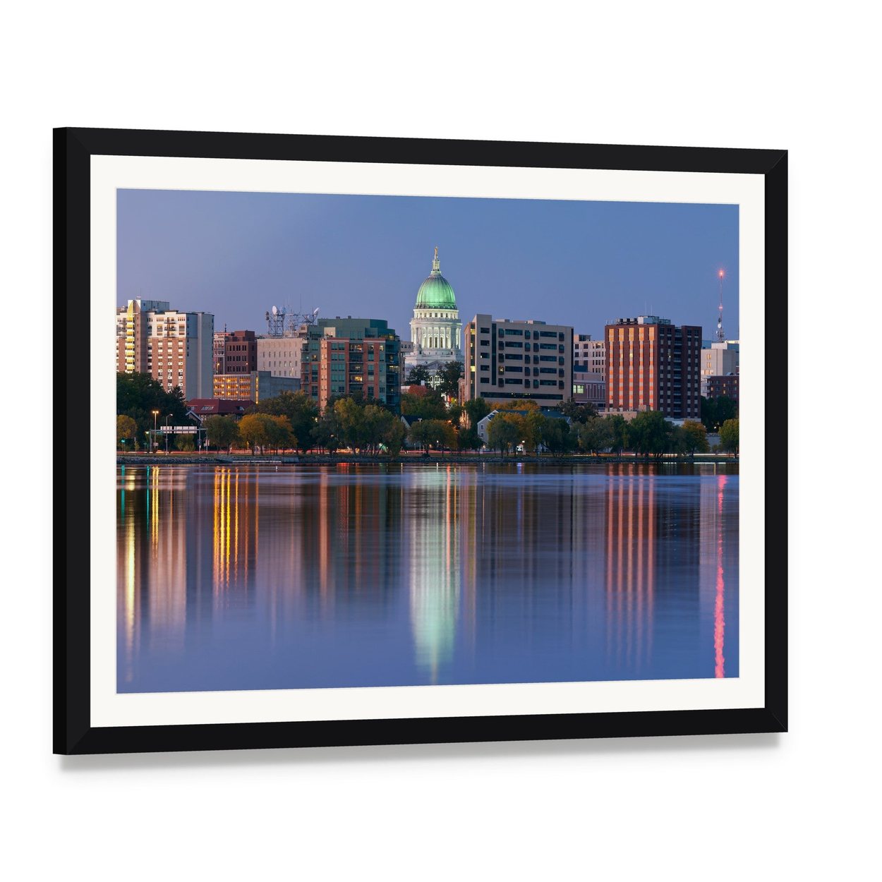 Madison Skyline at Dusk Canvas Wall Art, framed print with white mat and black frame, angled product view