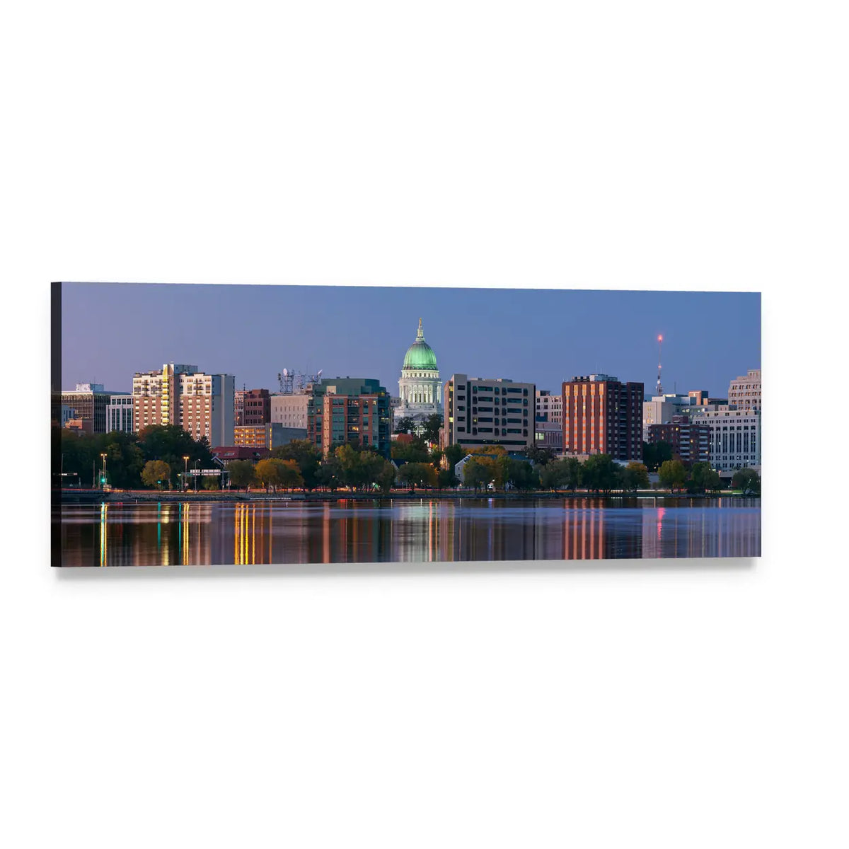 Madison Skyline at Dusk Panoramic Canvas Wall Art, single panel gallery wrapped canvas, angled product view