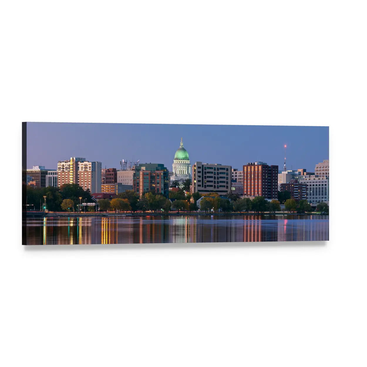 Madison Skyline at Dusk Panoramic Canvas Wall Art, single panel gallery wrapped canvas, angled product view
