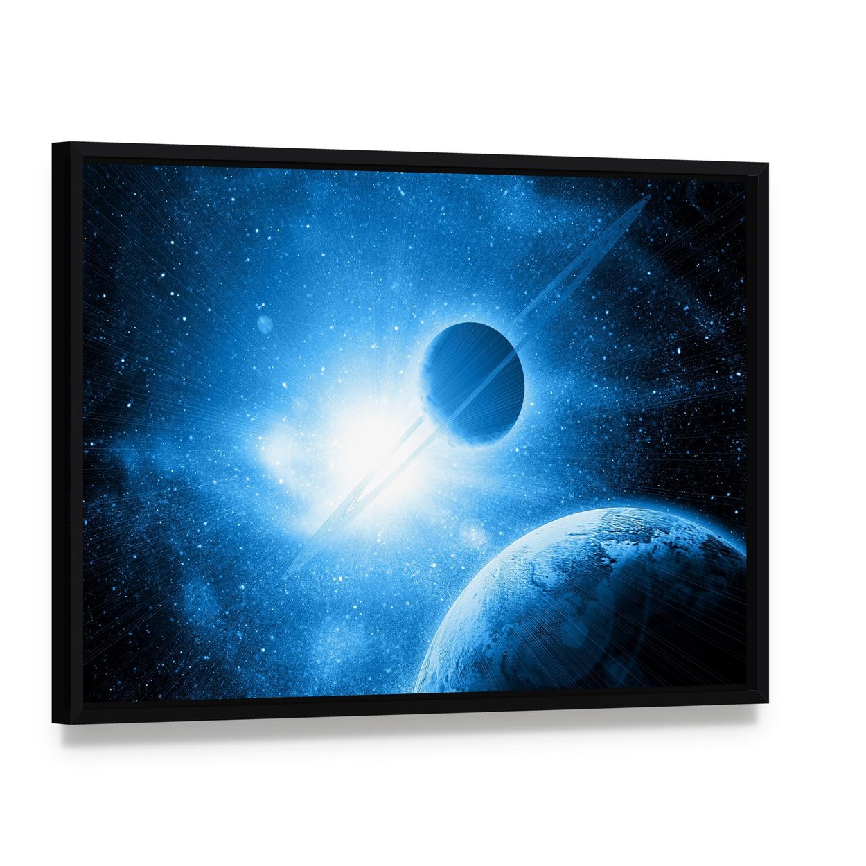 Two Planets Against the Sun in Deep Space Canvas Wall Art, framed canvas in a black floater frame, angled product view