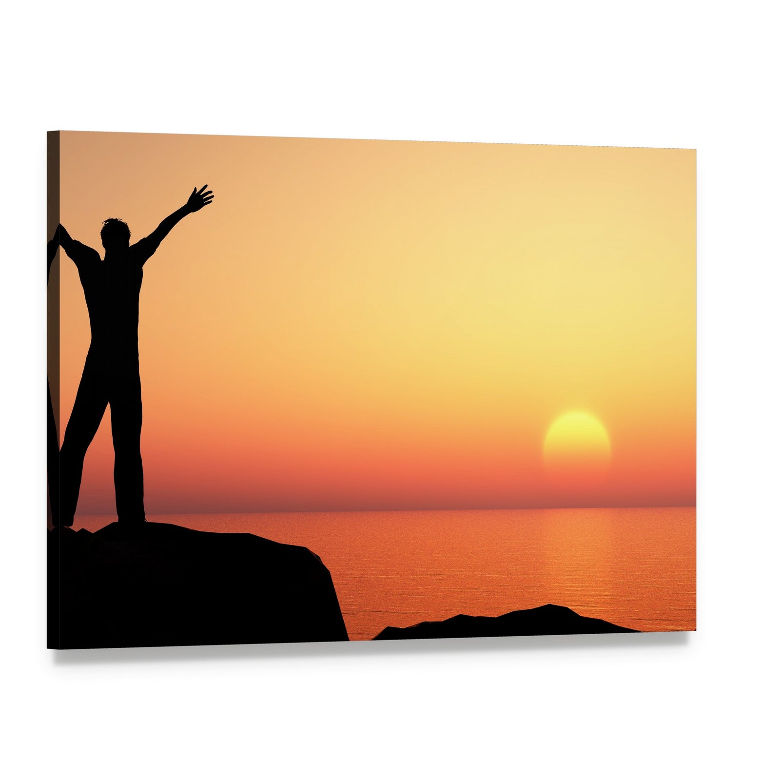 Man Greeting the Sun at Sunset Canvas Wall Art, single panel gallery wrapped canvas, angled product view
