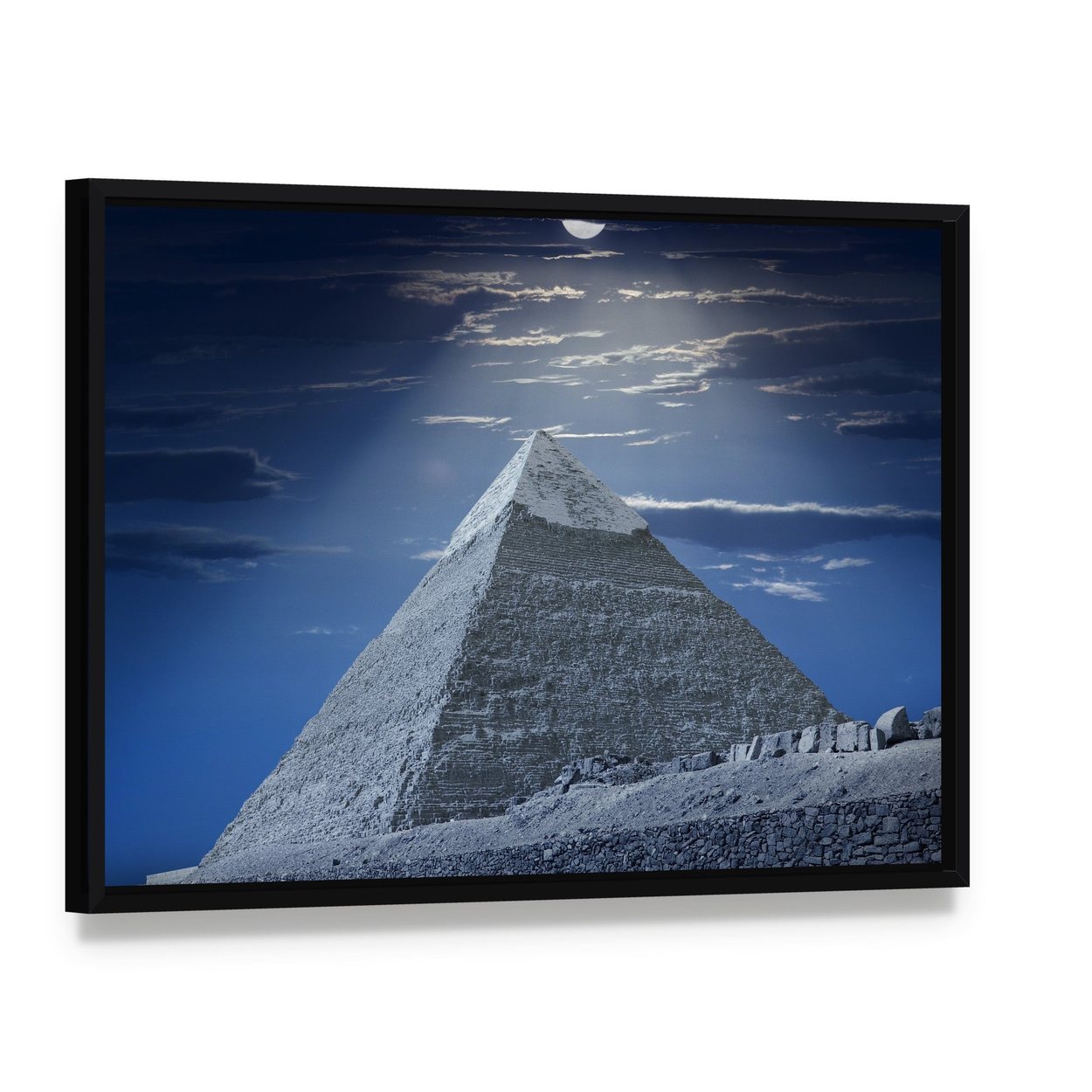 Egyptian Pyramid at Night Canvas Wall Art, framed canvas in a black floater frame, angled product view