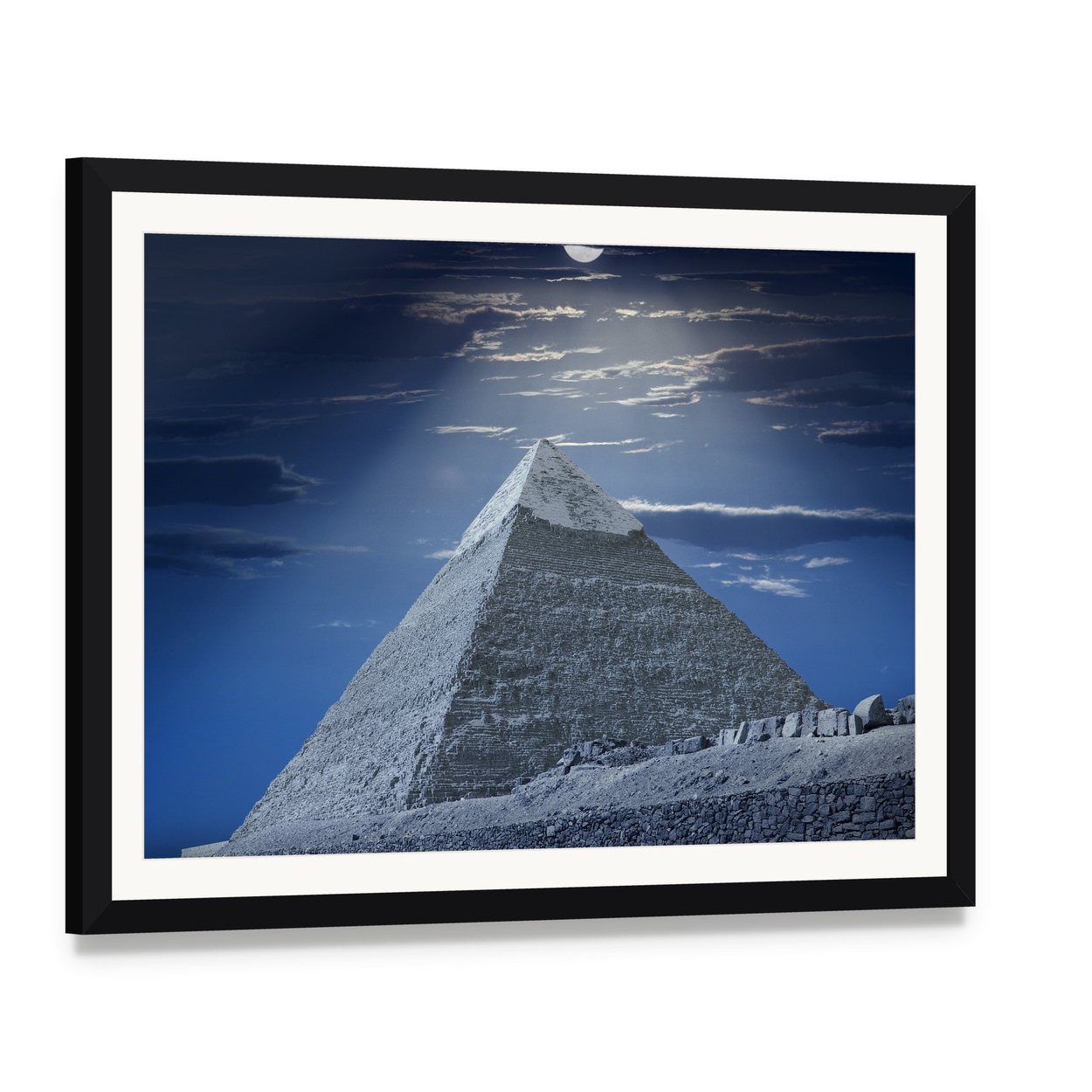 Egyptian Pyramid at Night Canvas Wall Art, framed print with white mat and black frame, angled product view