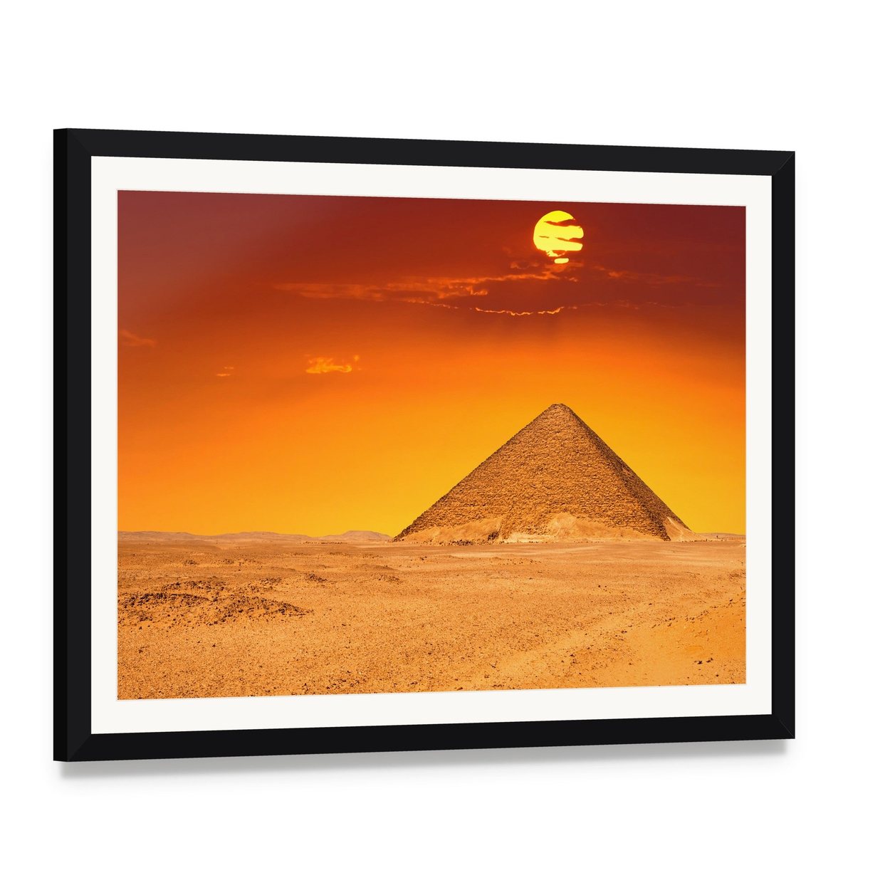 Egyptian Pyramid Under Red Sky Canvas Wall Art, framed print with white mat and black frame, angled product view