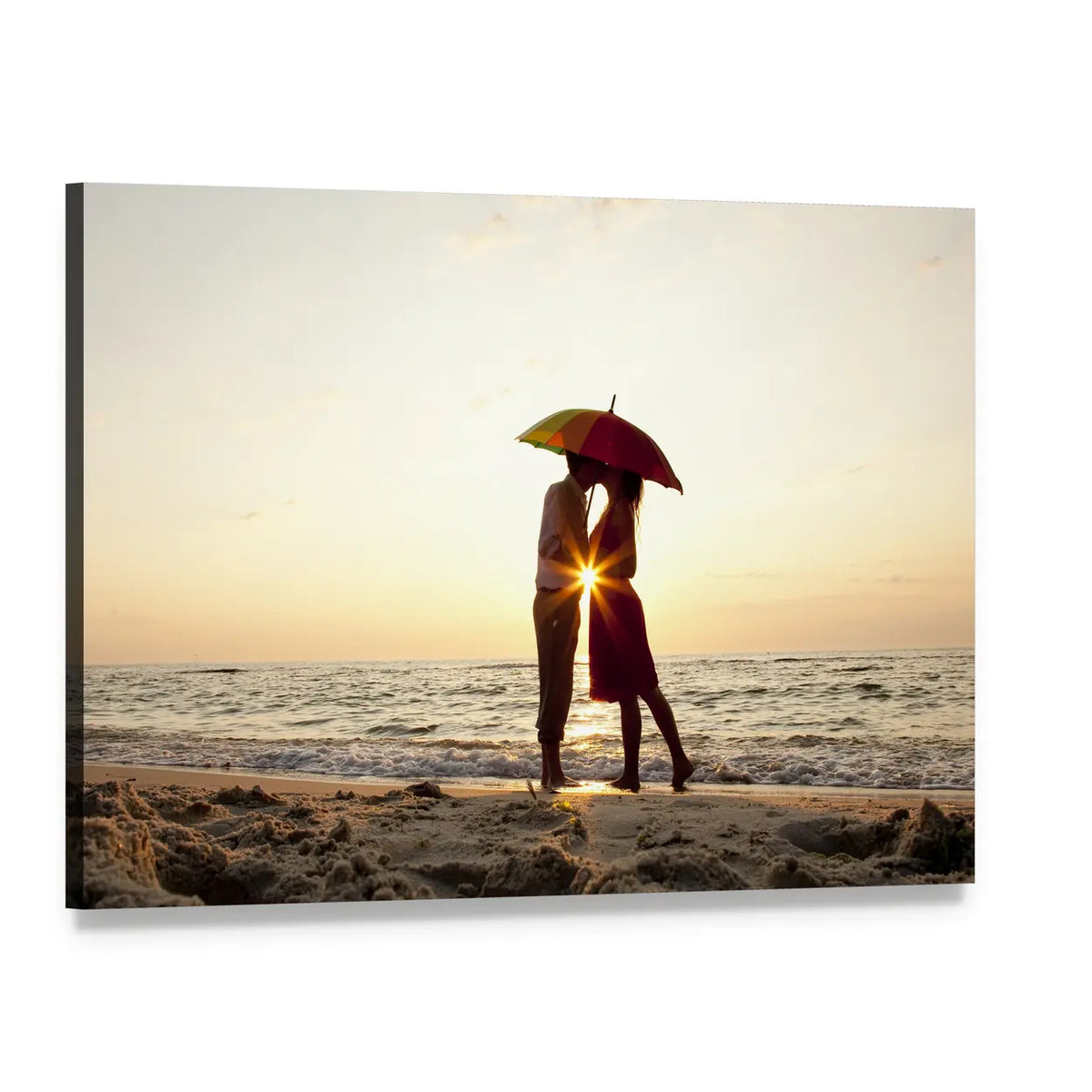 Couple Under Rainbow Umbrella at Sunset Canvas Wall Art, single panel gallery wrapped canvas, angled product view