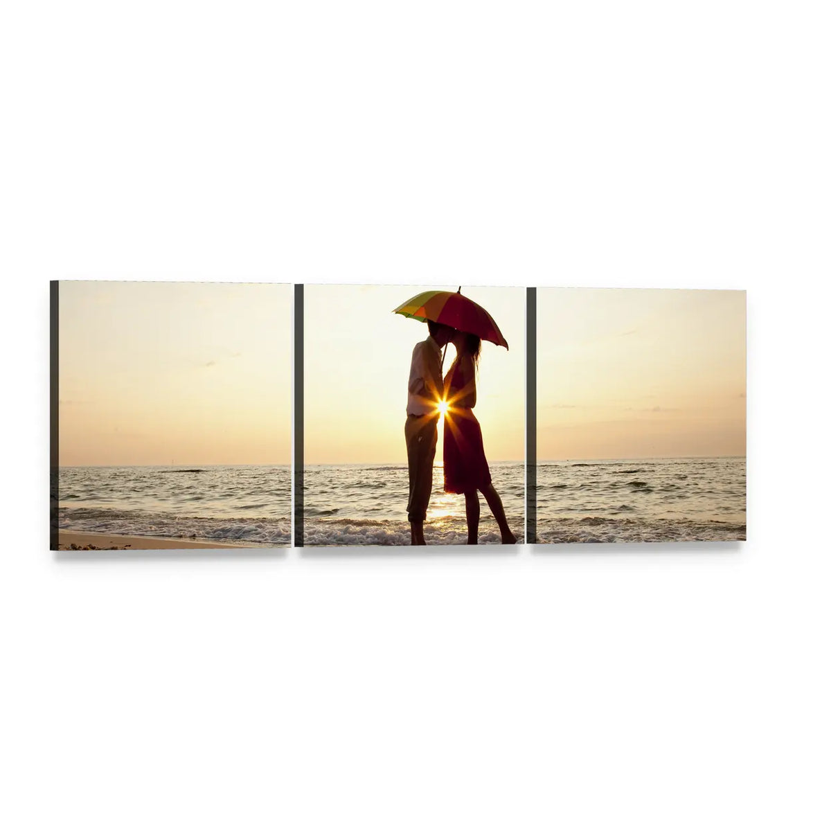 Couple Under Rainbow Umbrella at Sunset Panoramic Canvas Wall Art, 3 panel 3 Piece layout gallery wrapped canvas set, angled product view