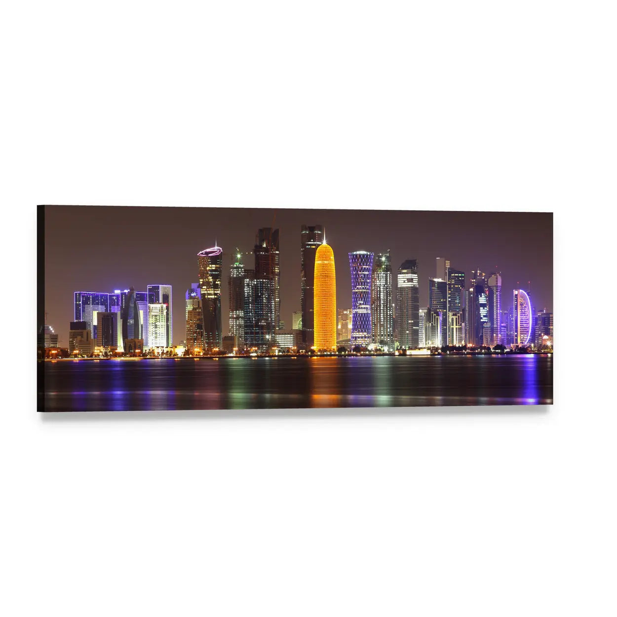 Doha Skyline at Night Panoramic Canvas Wall Art, single panel gallery wrapped canvas, angled product view