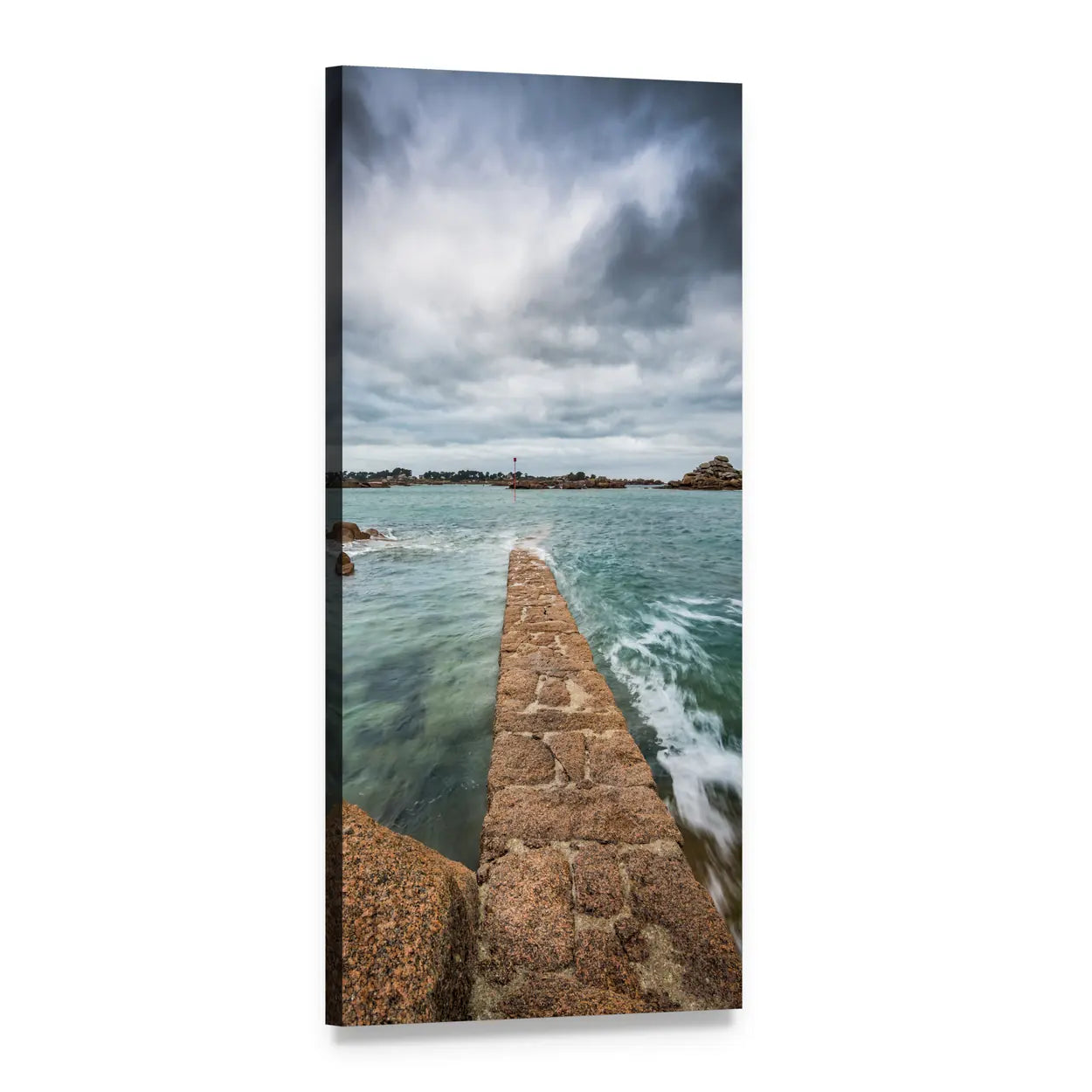 Stone Pier and Lighthouse on Moody Coastline Vertical Canvas Wall Art, 1 panel 1 Vertical layout gallery wrapped canvas set, angled product view