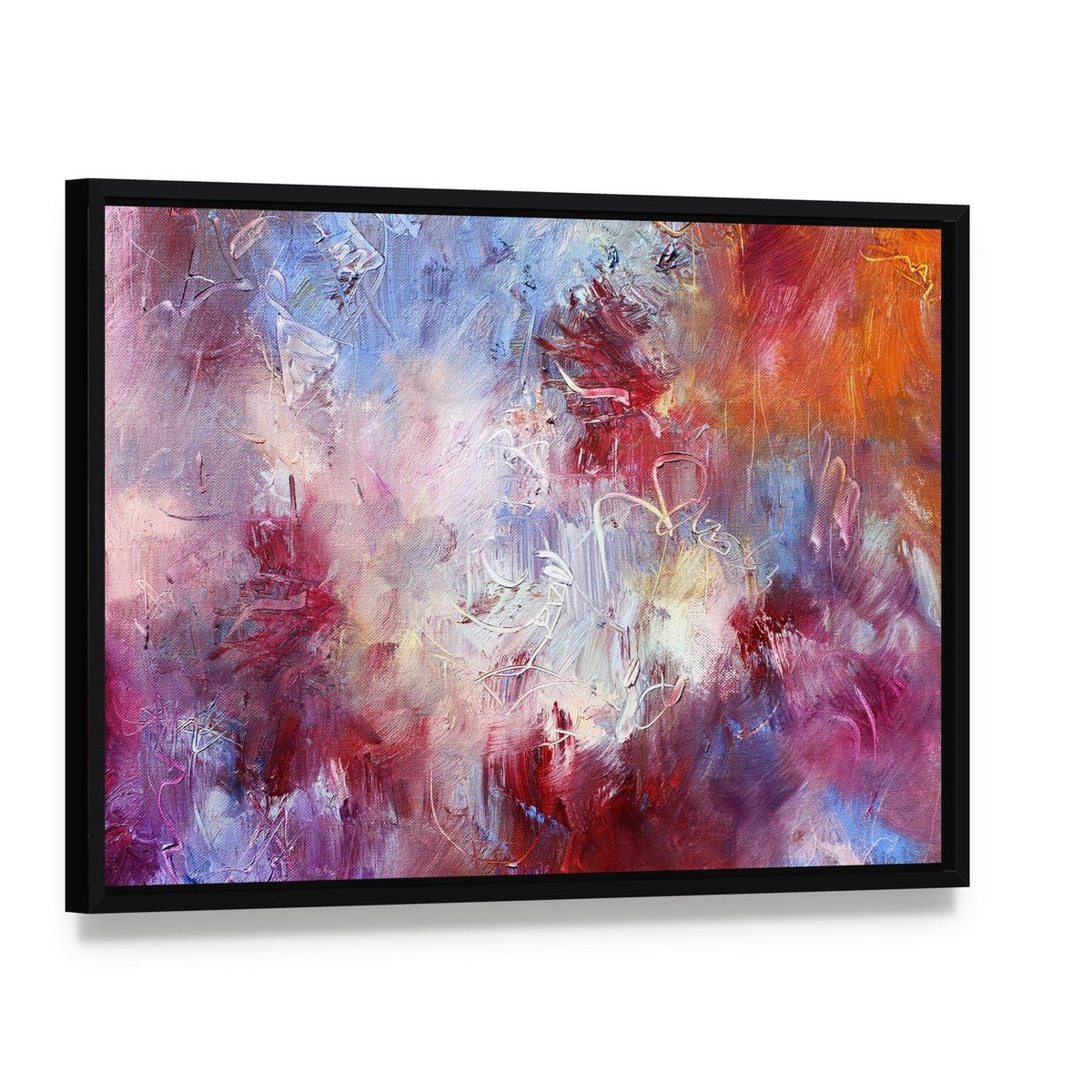 Abstract Oil Paint Texture Canvas Wall Art, framed canvas in a black floater frame, angled product view