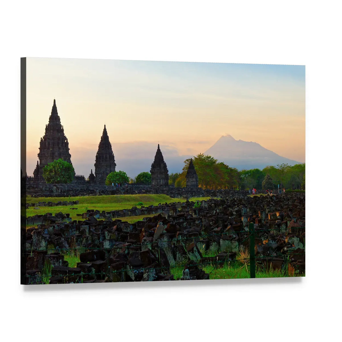 Prambanan Hindu Temple at Sunset Canvas Wall Art, single panel gallery wrapped canvas, angled product view