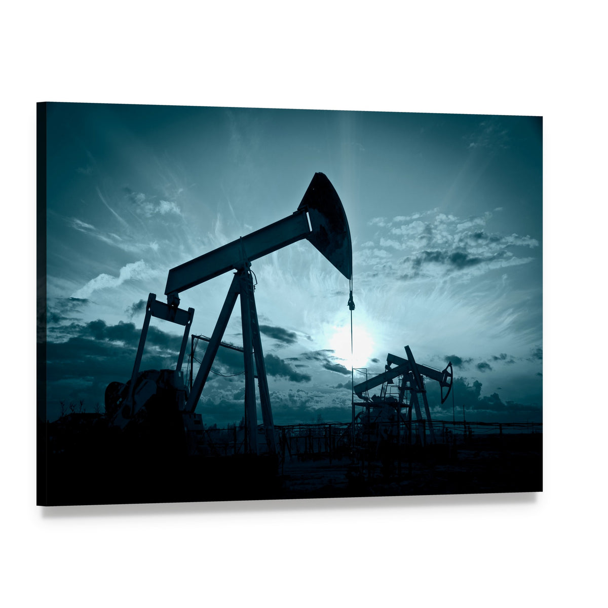 Silhouetted Oil Pumps at Sunset Canvas Wall Art, single panel gallery wrapped canvas, angled product view
