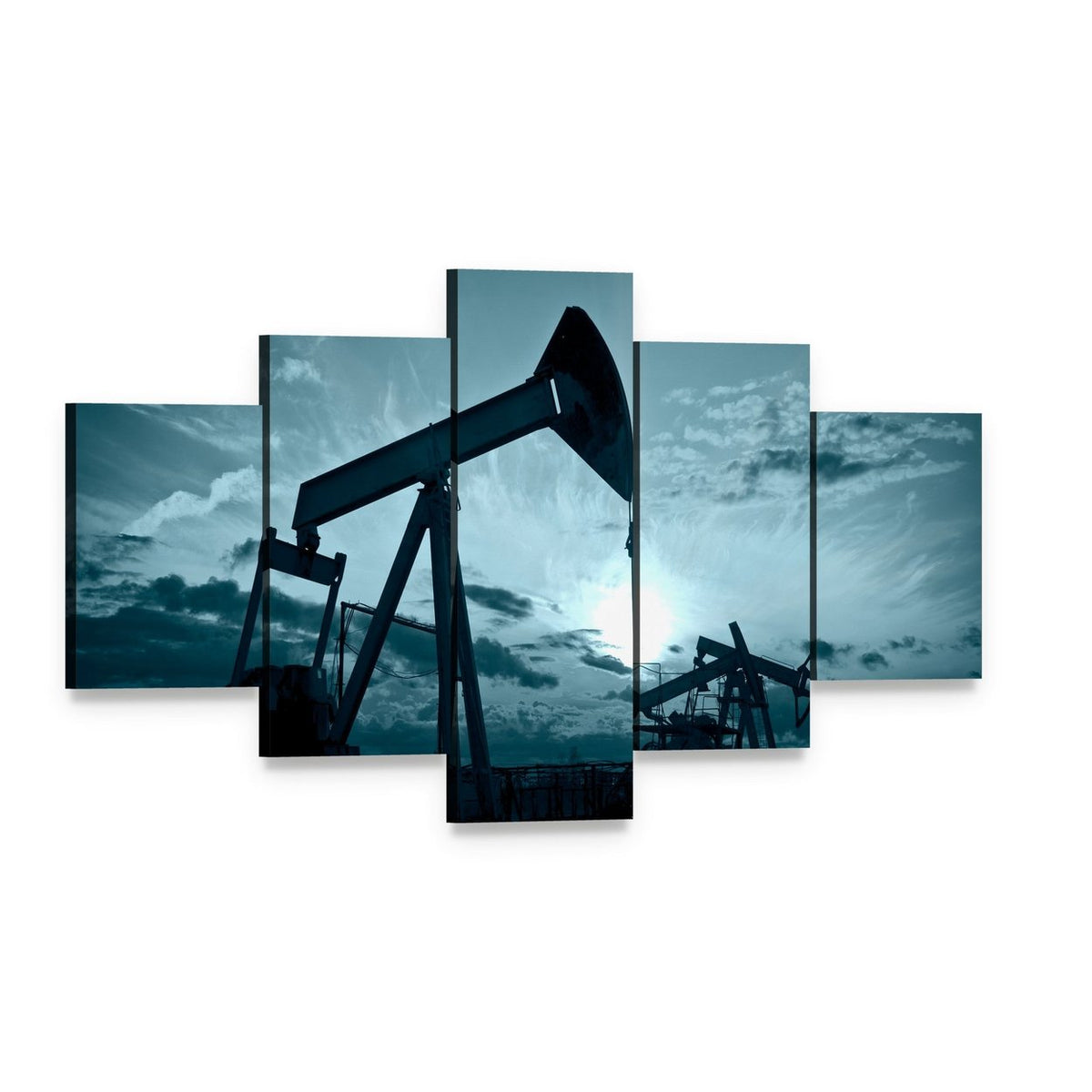 Silhouetted Oil Pumps at Sunset Canvas Wall Art, 5 panel 5 Star layout gallery wrapped canvas set, angled product view