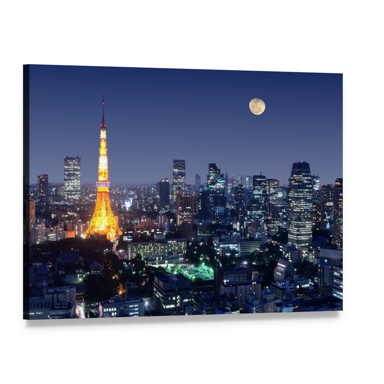 Tokyo Tower Under a Full Moon Canvas Wall Art, single panel gallery wrapped canvas, angled product view