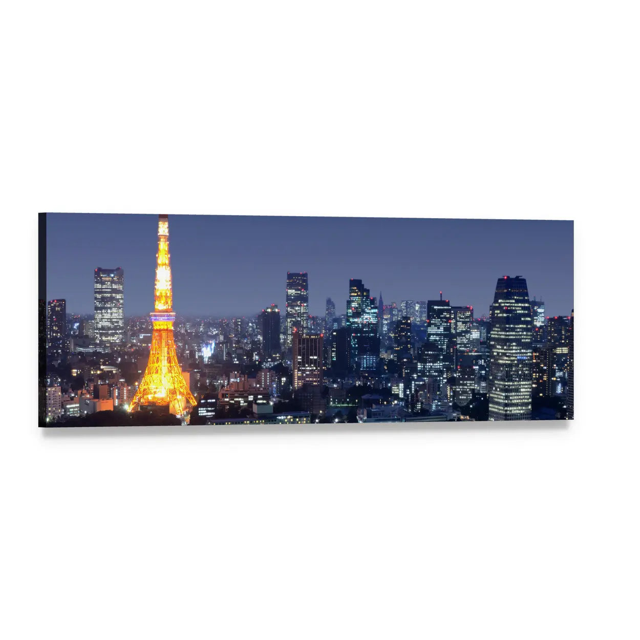 Tokyo Tower Night Skyline Panoramic Canvas Wall Art, single panel gallery wrapped canvas, angled product view