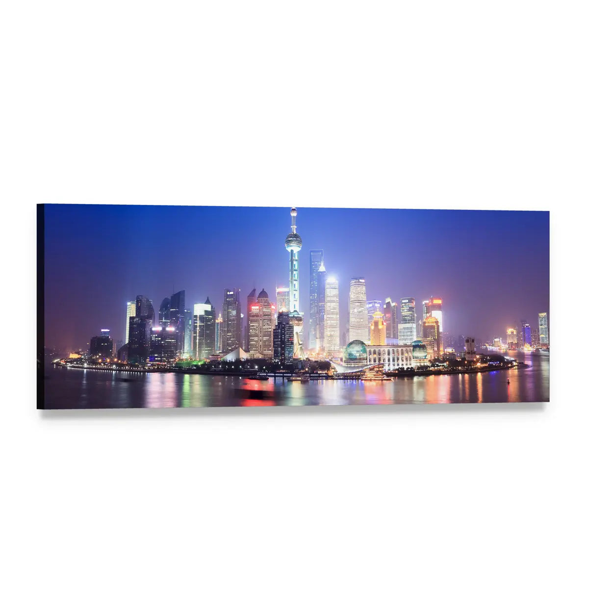 Shanghai Skyline with Oriental Pearl Tower Panoramic Canvas Wall Art, single panel gallery wrapped canvas, angled product view