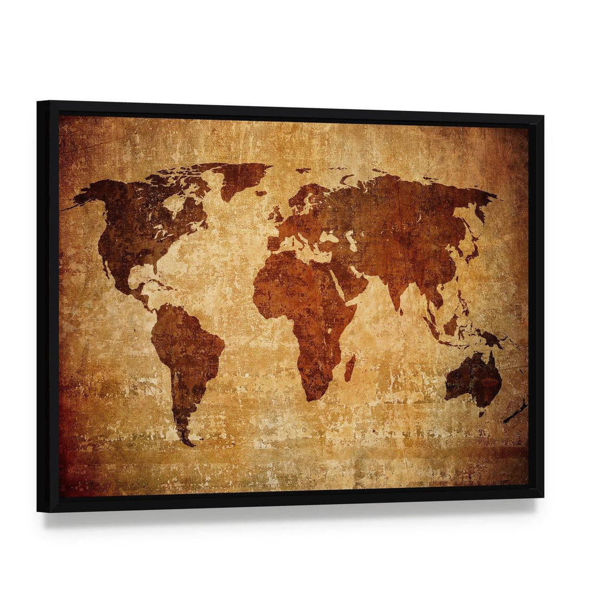 Grunge World Map Canvas Wall Art, framed canvas in a black floater frame, angled product view