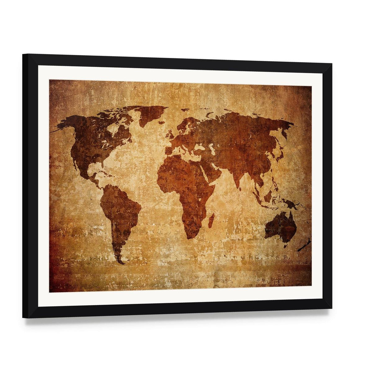 Grunge World Map Canvas Wall Art, framed print with white mat and black frame, angled product view