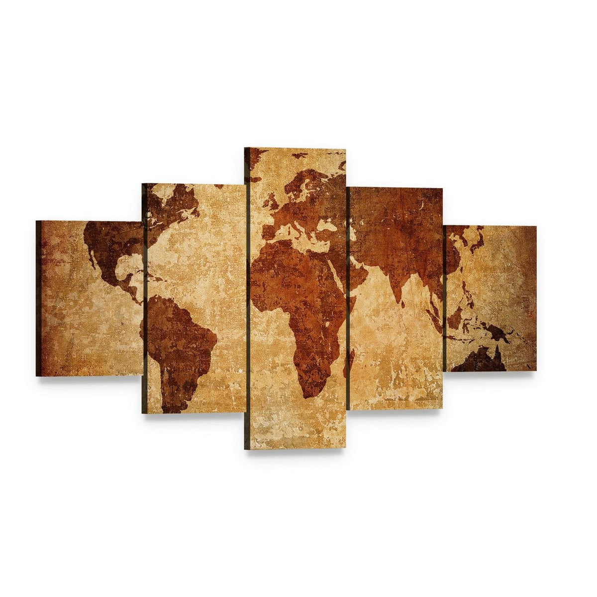 Grunge World Map Canvas Wall Art, 5 panel 5 Star layout gallery wrapped canvas set, angled product view