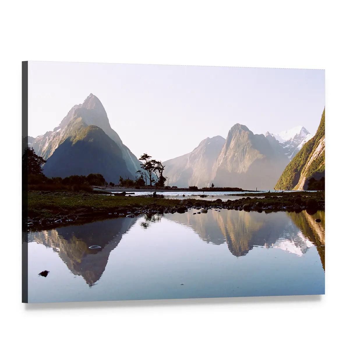 Milford Sound Early Morning Reflection Canvas Wall Art, single panel gallery wrapped canvas, angled product view
