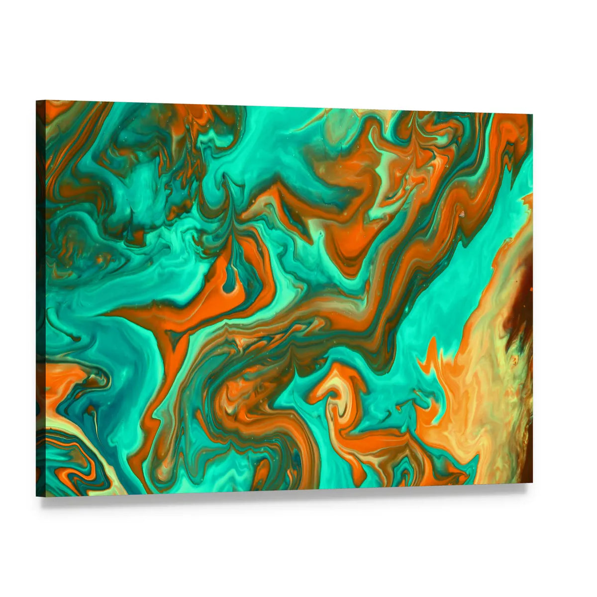 Turquoise and Orange Liquid Abstract Canvas Wall Art, single panel gallery wrapped canvas, angled product view