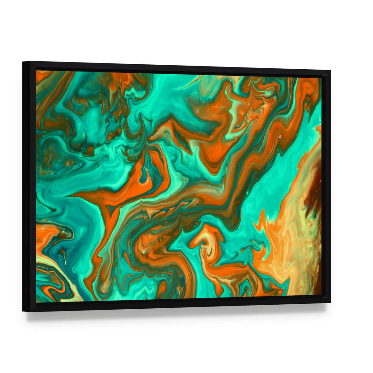 Turquoise and Orange Liquid Abstract Canvas Wall Art, framed canvas in a black floater frame, angled product view