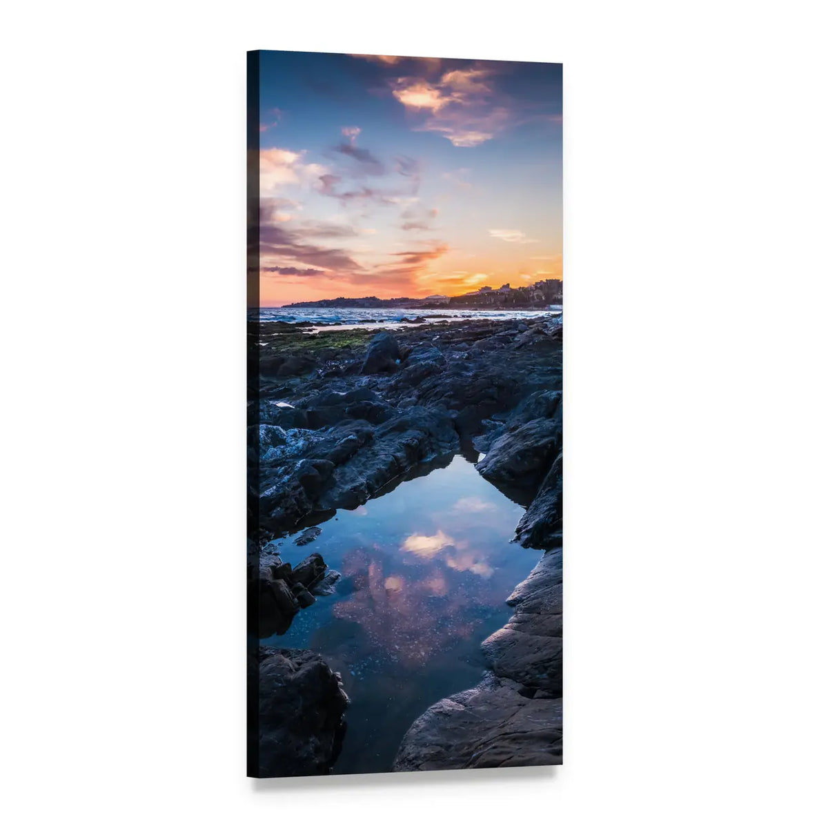 Sunset Tide Pool on Rocky Coast Vertical Canvas Wall Art, 1 panel 1 Vertical layout gallery wrapped canvas set, angled product view
