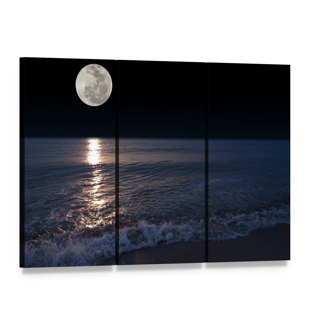 Romantic Tropical Beach at Night Canvas Wall Art, 3 panel 3 Horizontal layout gallery wrapped canvas set, angled product view
