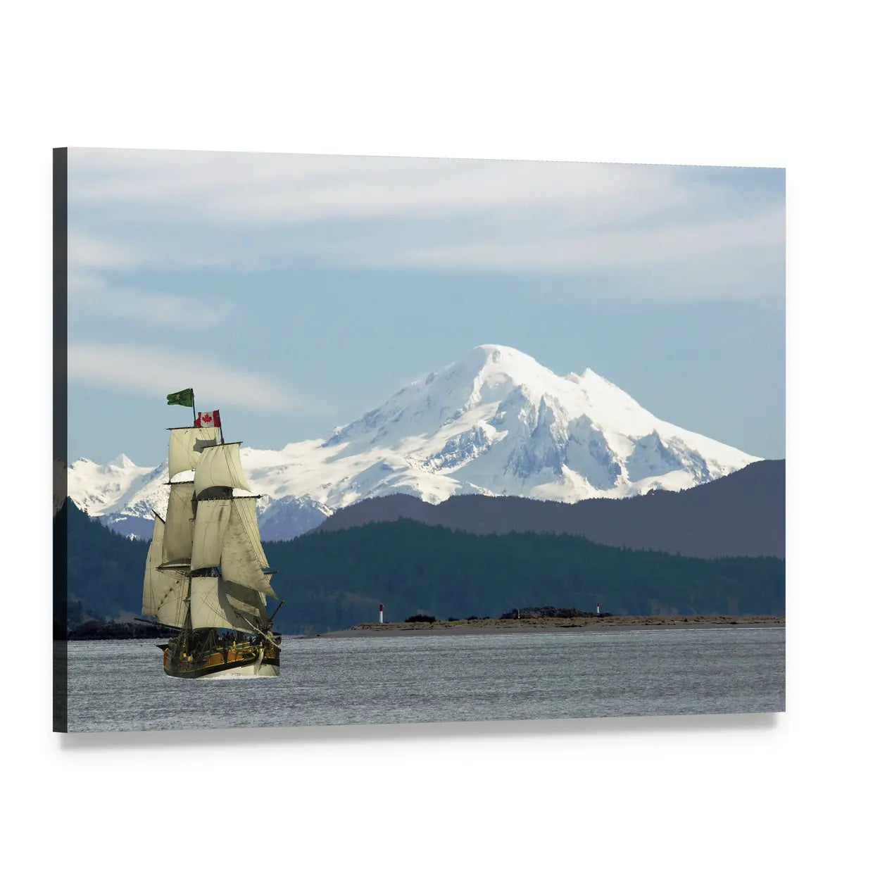 Mount Baker and Sailing Ship Canvas Wall Art, single panel gallery wrapped canvas, angled product view