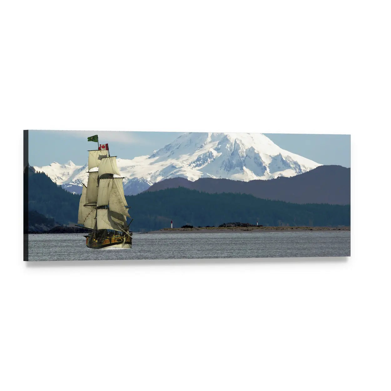 Sailing Ship with Mount Baker Panoramic Canvas Wall Art, single panel gallery wrapped canvas, angled product view