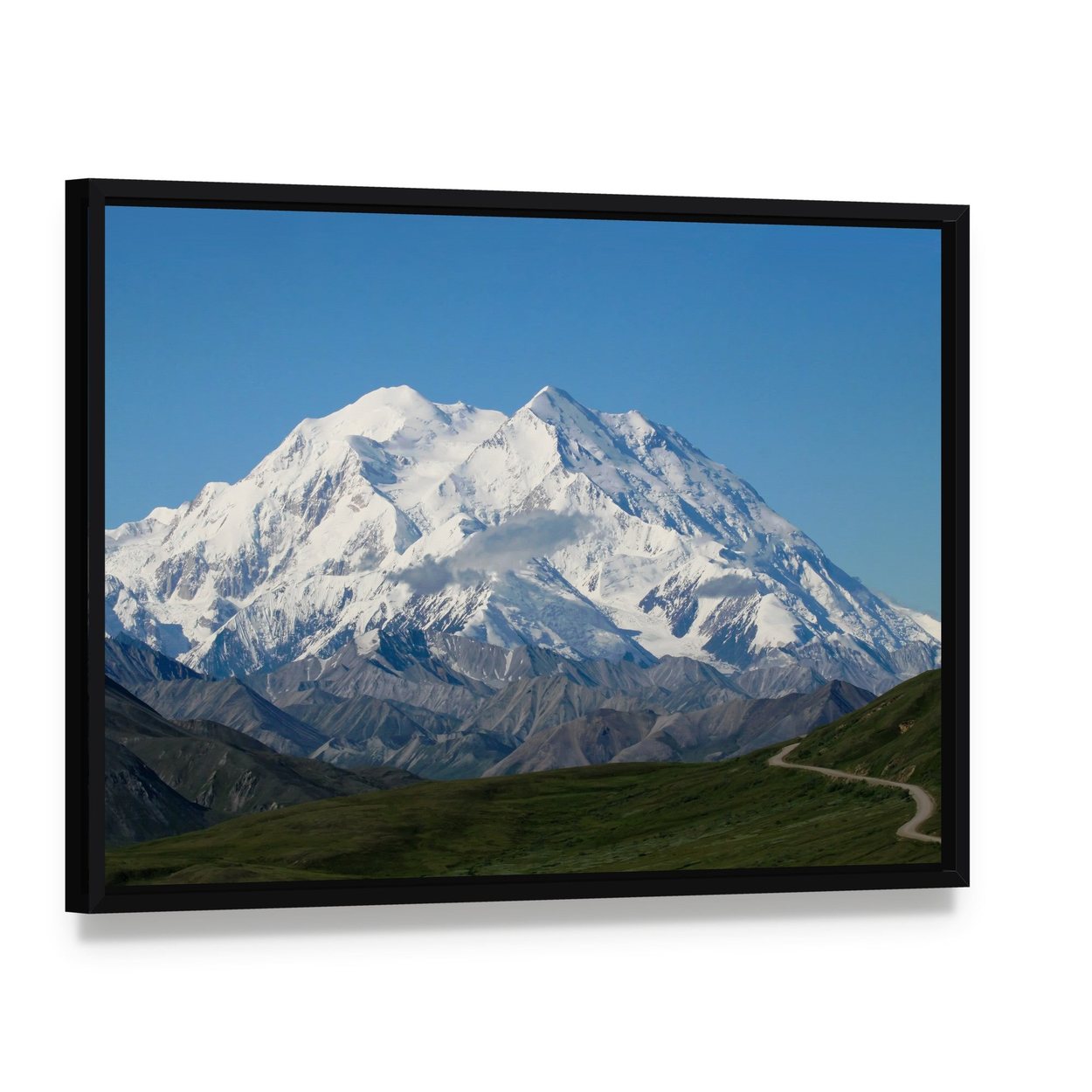 Majestic Mt Mckinley Under Clear Blue Sky Canvas Wall Art, framed canvas in a black floater frame, angled product view
