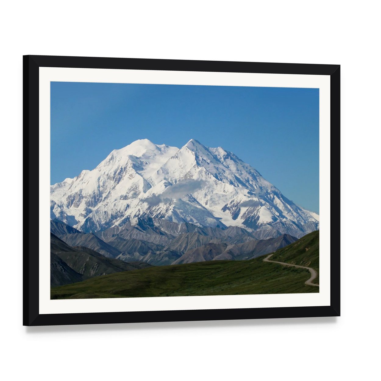 Majestic Mt Mckinley Under Clear Blue Sky Canvas Wall Art, framed print with white mat and black frame, angled product view