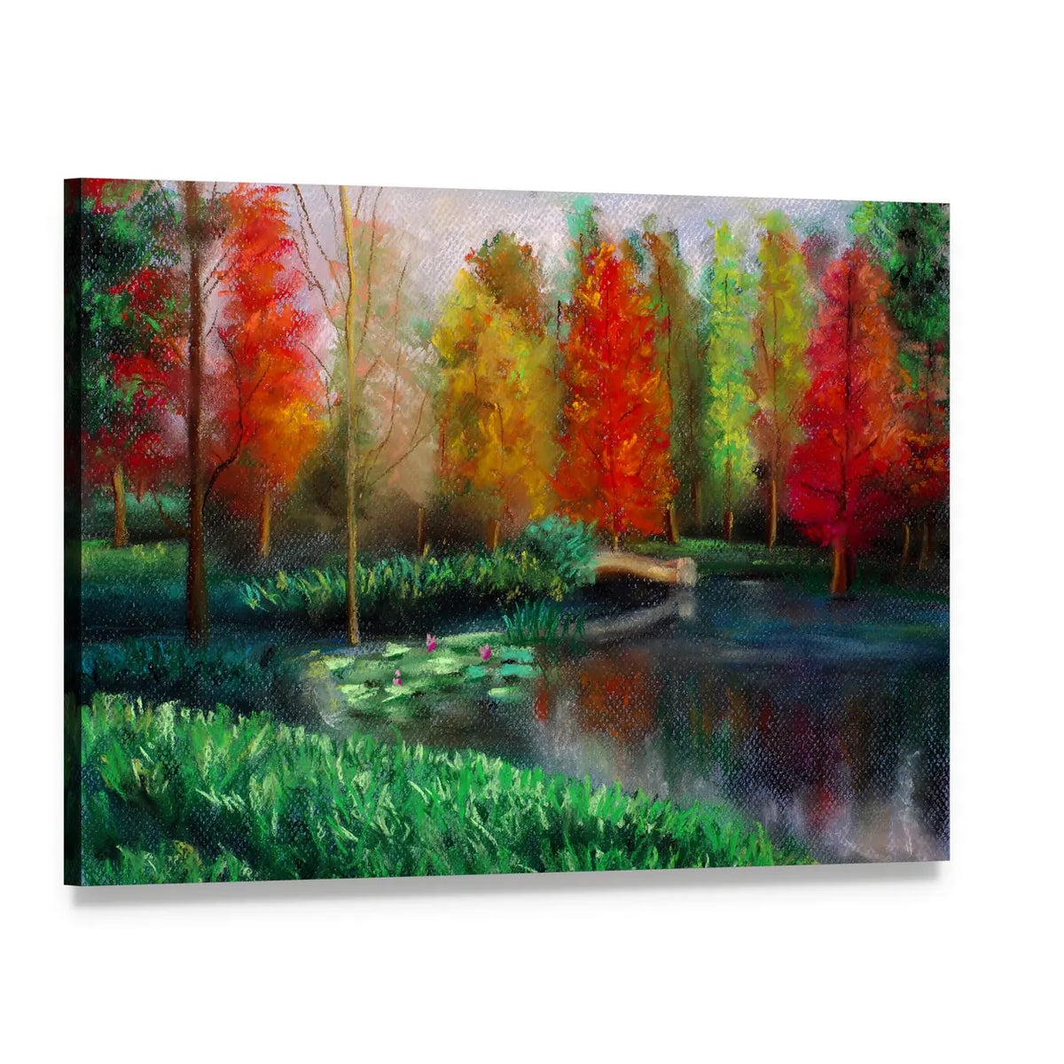 Autumn Lake with Water Lilies Canvas Wall Art, single panel gallery wrapped canvas, angled product view