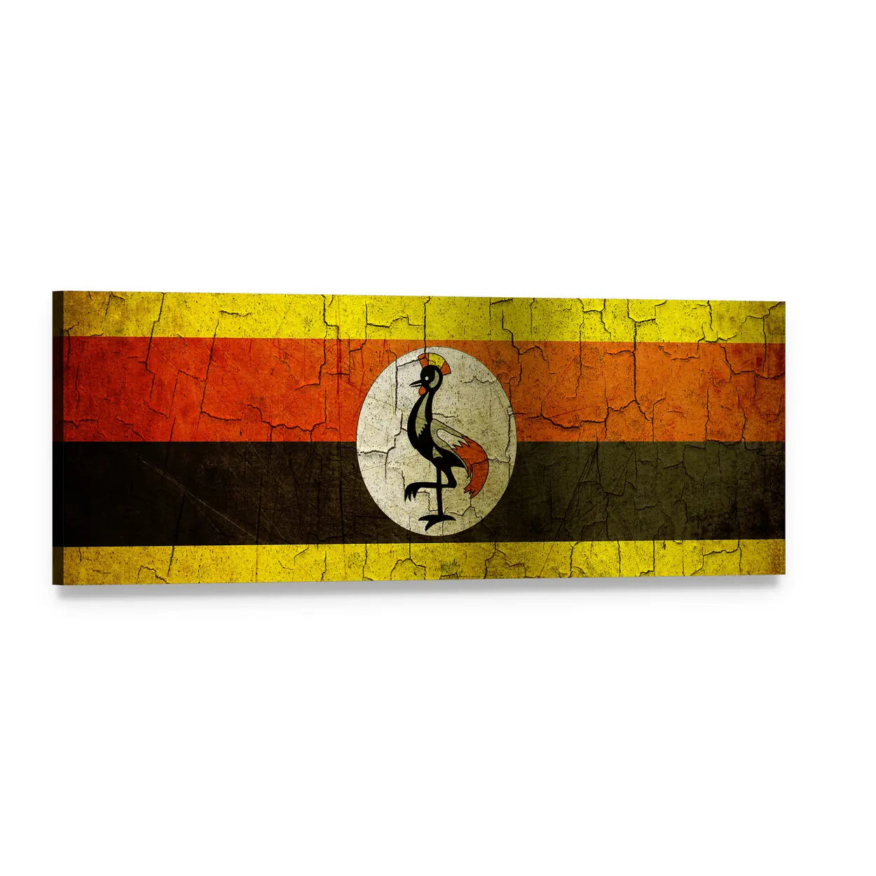 Uganda Flag with Crowned Crane Emblem Panoramic Canvas Wall Art, single panel gallery wrapped canvas, angled product view