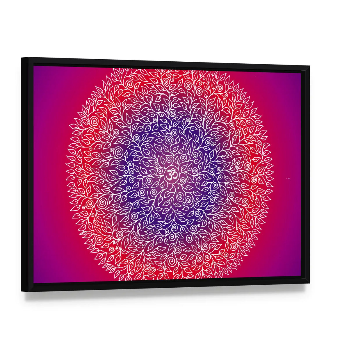 Spiritual Mandala Canvas Wall Art, framed canvas in a black floater frame, angled product view