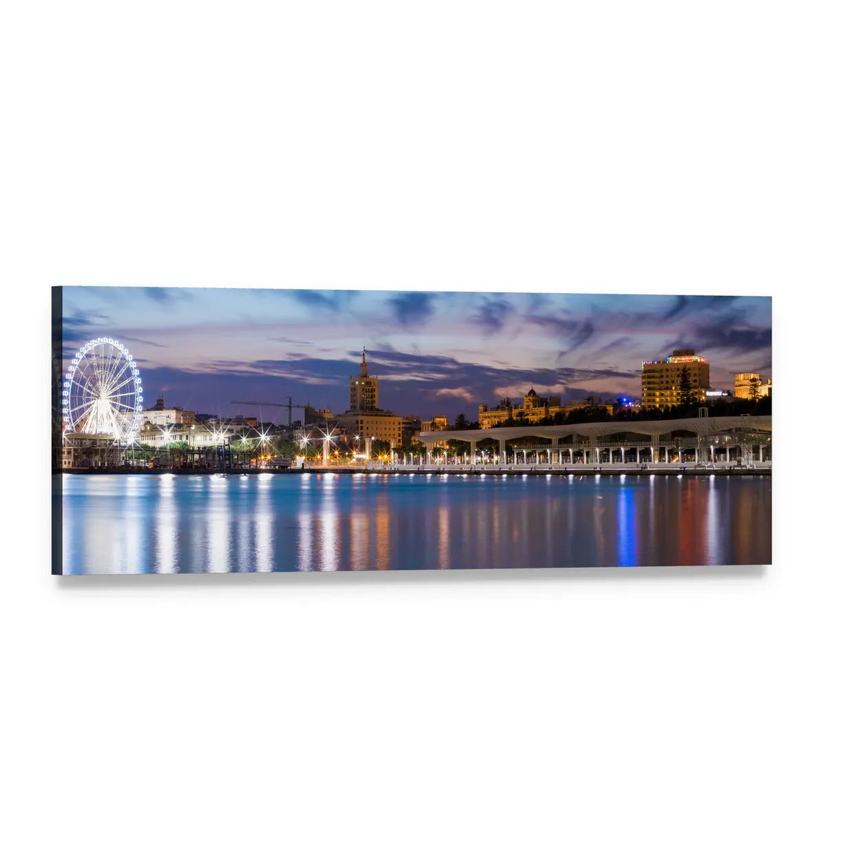 Spain Waterfront Ferris Wheel at Dusk Panoramic Canvas Wall Art, single panel gallery wrapped canvas, angled product view