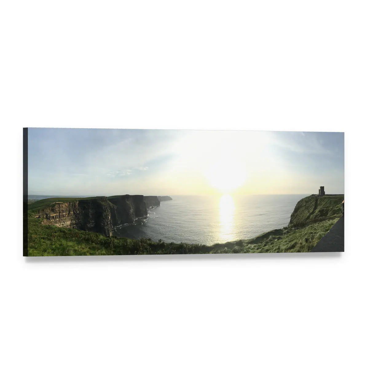Moher Cliffs Sunrise Seascape Panoramic Canvas Wall Art, single panel gallery wrapped canvas, angled product view