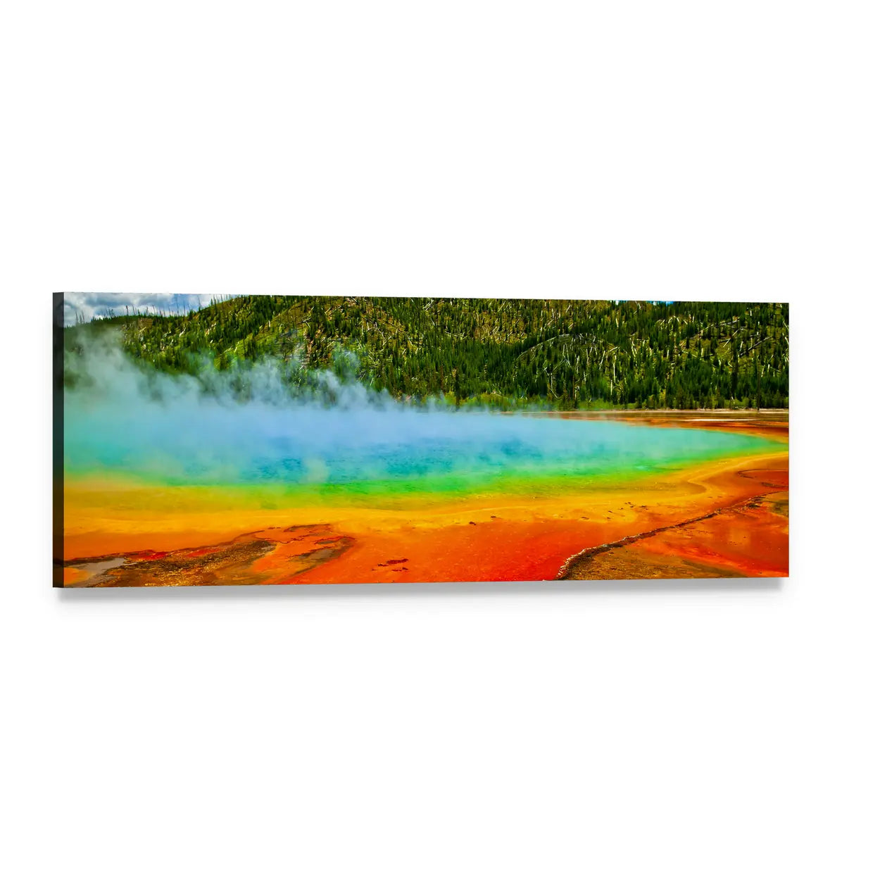 Cerulean Geyser Hot Spring Panoramic Canvas Wall Art, single panel gallery wrapped canvas, angled product view