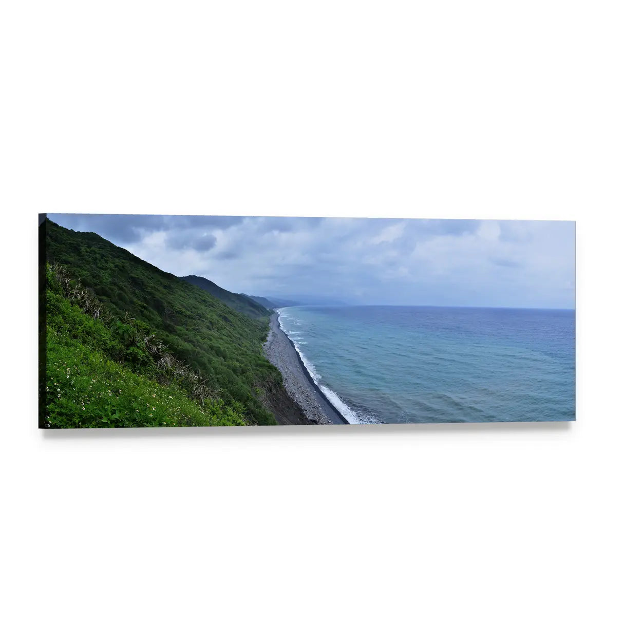 Coastal Cliffs and Green Hills Seascape Panoramic Canvas Wall Art, single panel gallery wrapped canvas, angled product view