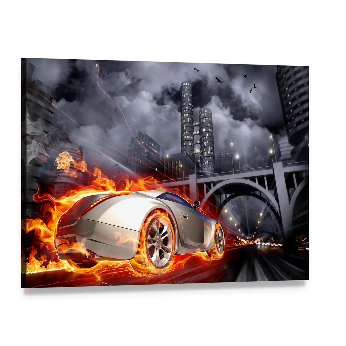 Flaming Sports Car at Night Canvas Wall Art, single panel gallery wrapped canvas, angled product view