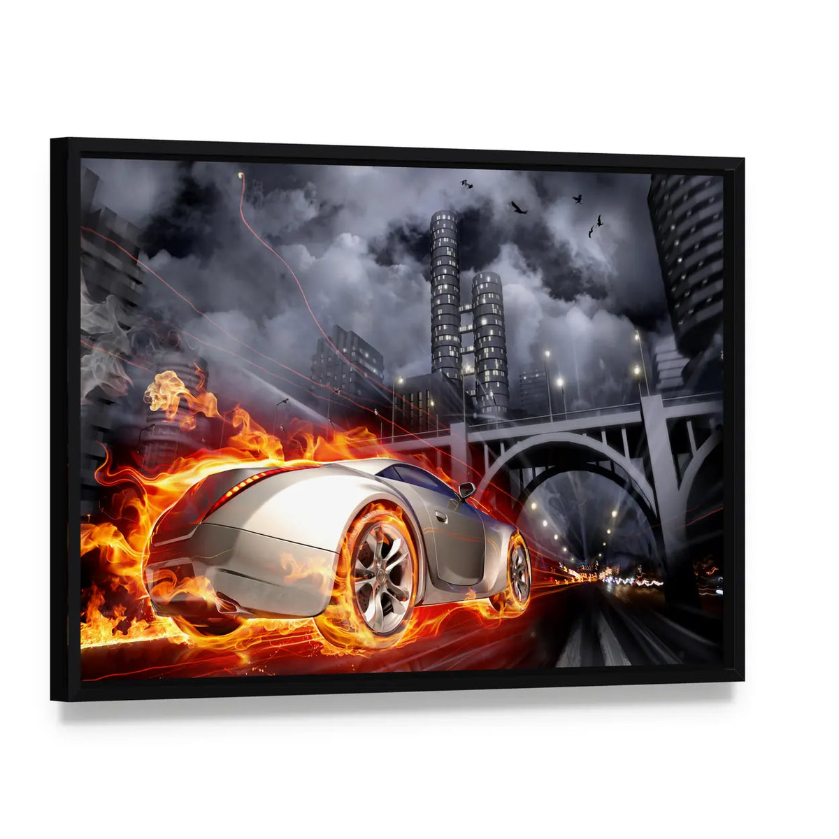 Flaming Sports Car at Night Canvas Wall Art, framed canvas in a black floater frame, angled product view