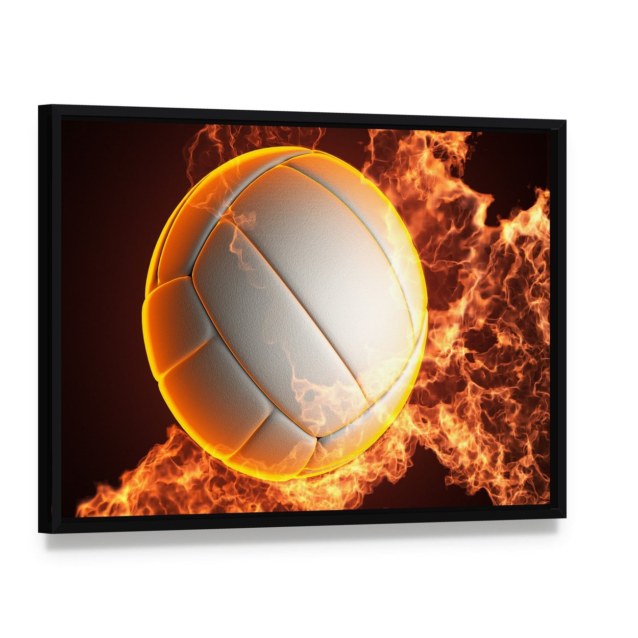 Volleyball Ball in Fire Canvas Wall Art, framed canvas in a black floater frame, angled product view