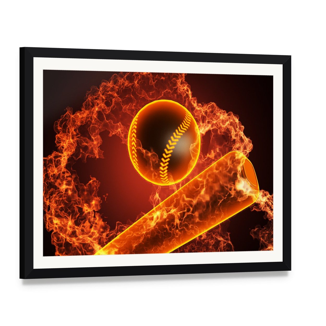 Baseball in Fire Canvas Wall Art, framed print with white mat and black frame, angled product view