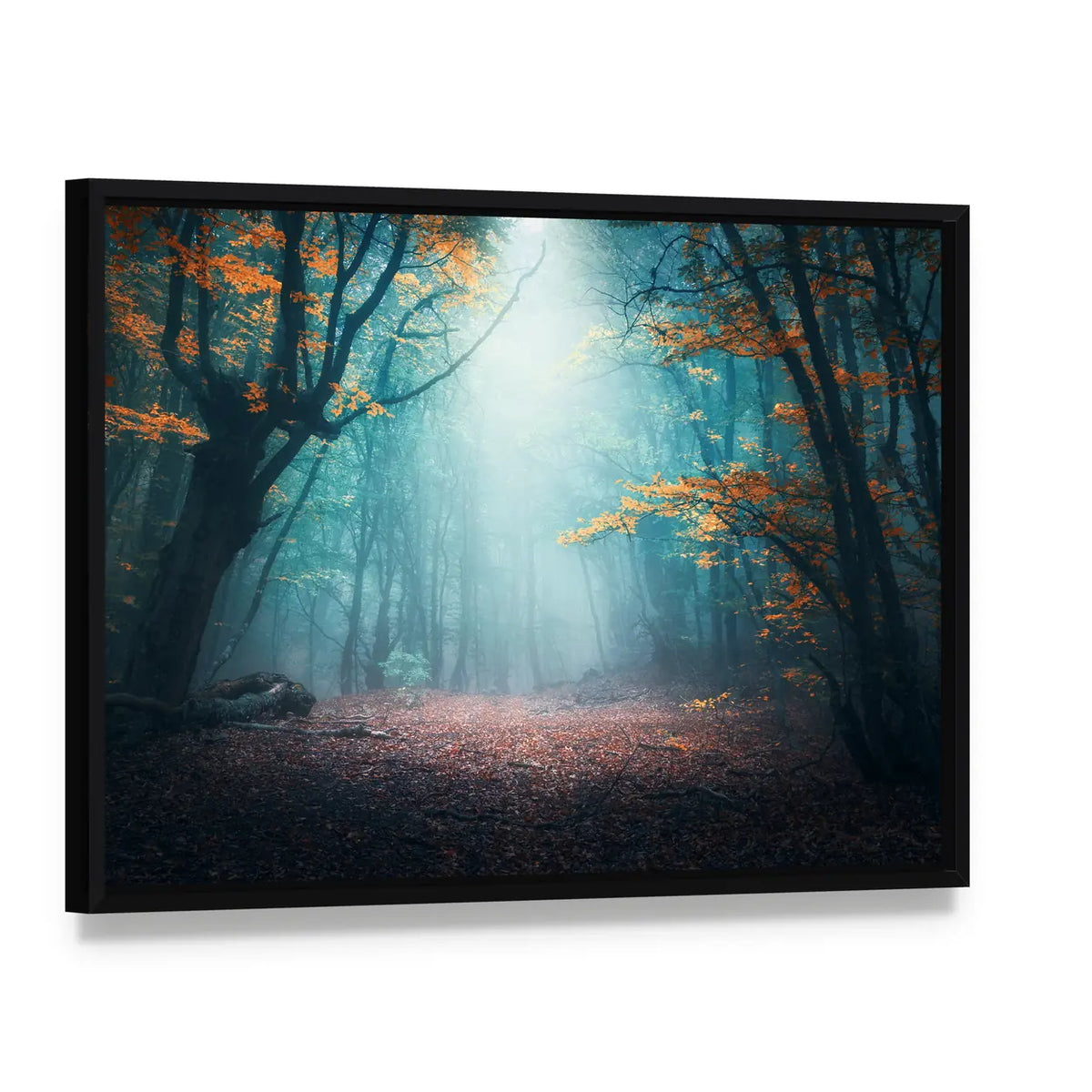 Mystical Forest in Autumn Canvas Wall Art, framed canvas in a black floater frame, angled product view